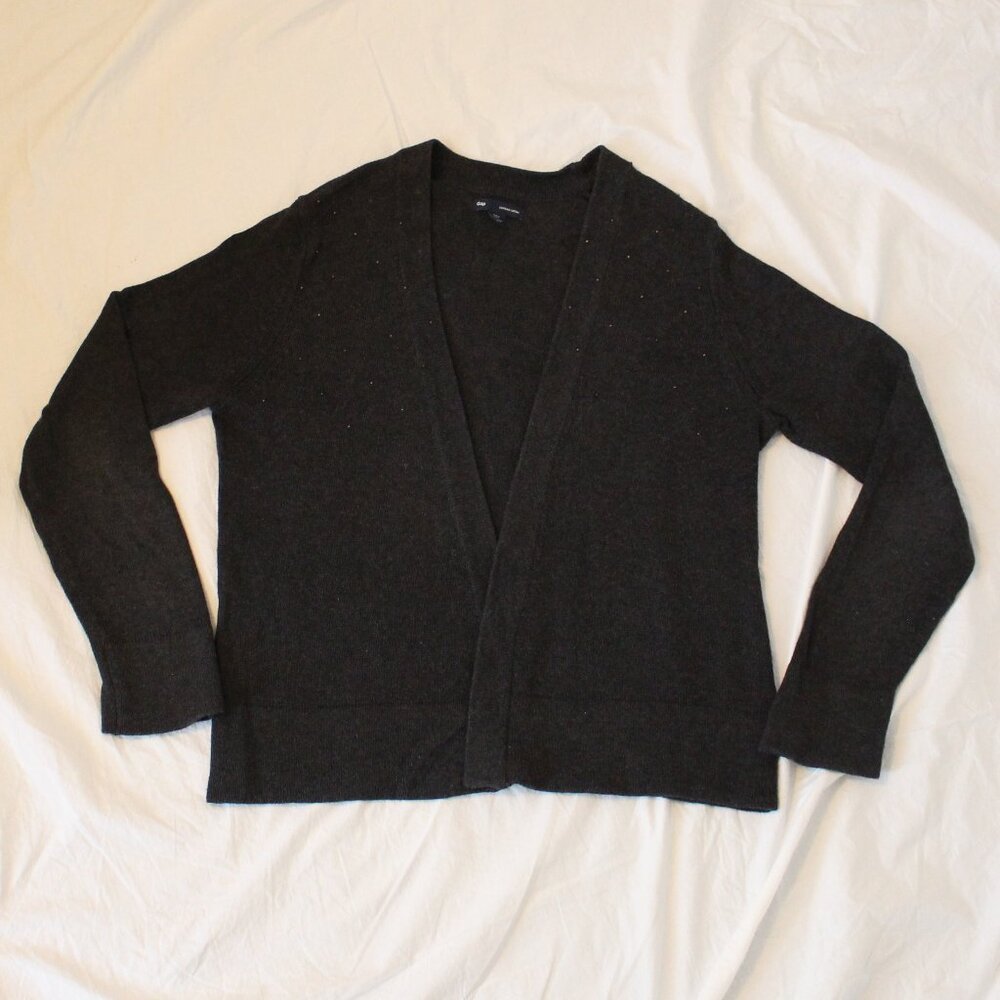 Gap Slate Blue/Gray Combed Cotton Long Sleeve Open Front Bronze Beaded Cardi